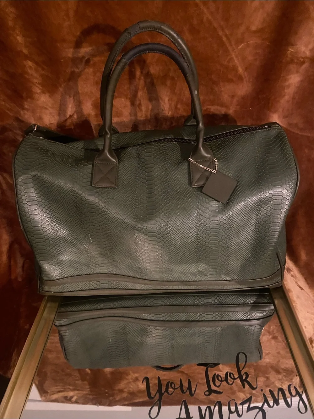 Men's Olive Green Faux-Snakeskin Duffle Bag -